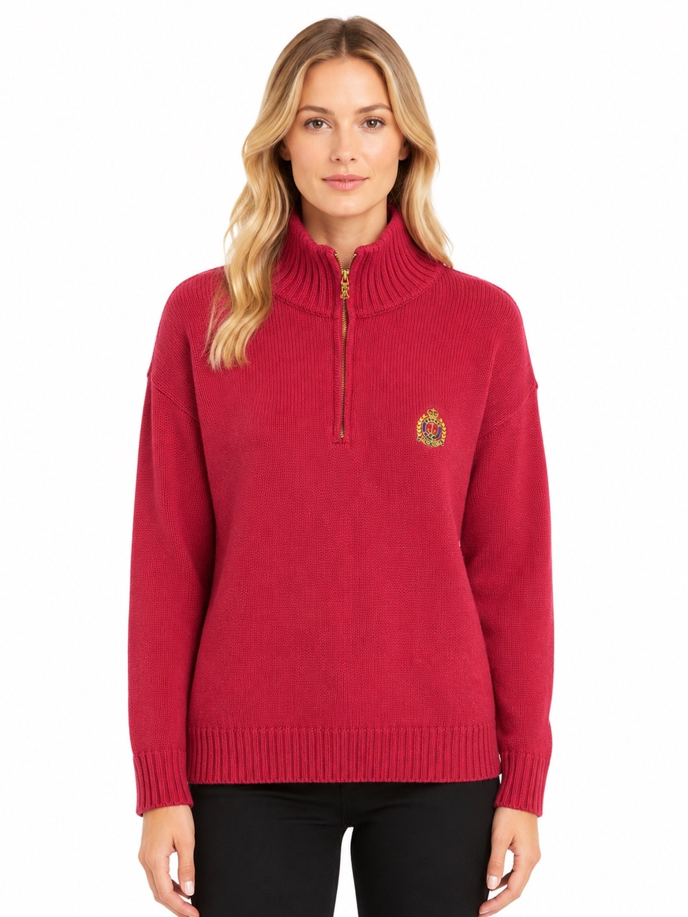 Lauren Ralph Lauren 1/4 Zip Sweater Embroidered Crest Logo Size Small Cotton Red